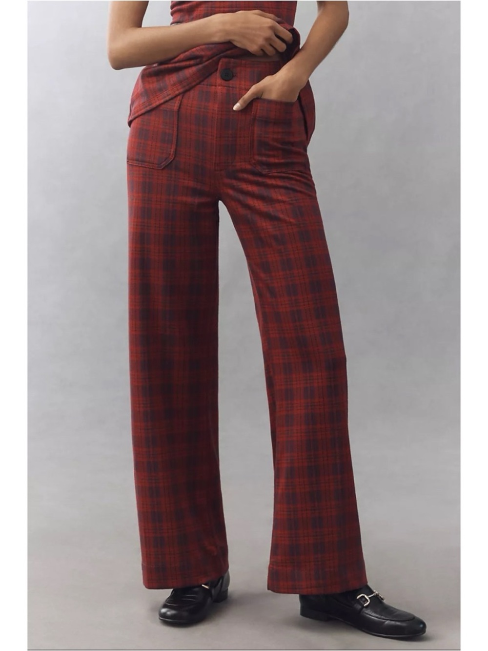 NWT Anthropologie The Colette Full-Length Tartan Plaid Wide-Leg Pants Red 25